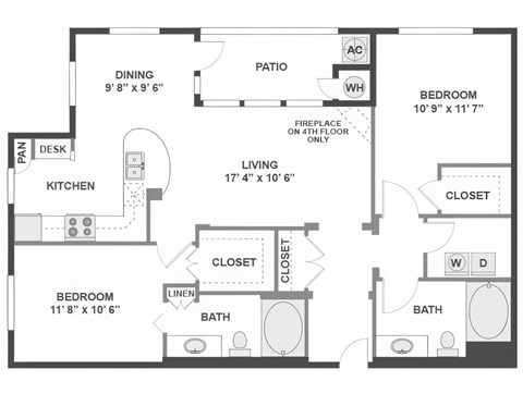 Floor plan for 2 beds, 2 baths, 1115 sqft